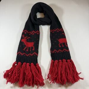 Vintage Y2K Abercrombie Knit Moose Winter Scarf Fringe Preppy - Red Navy OS